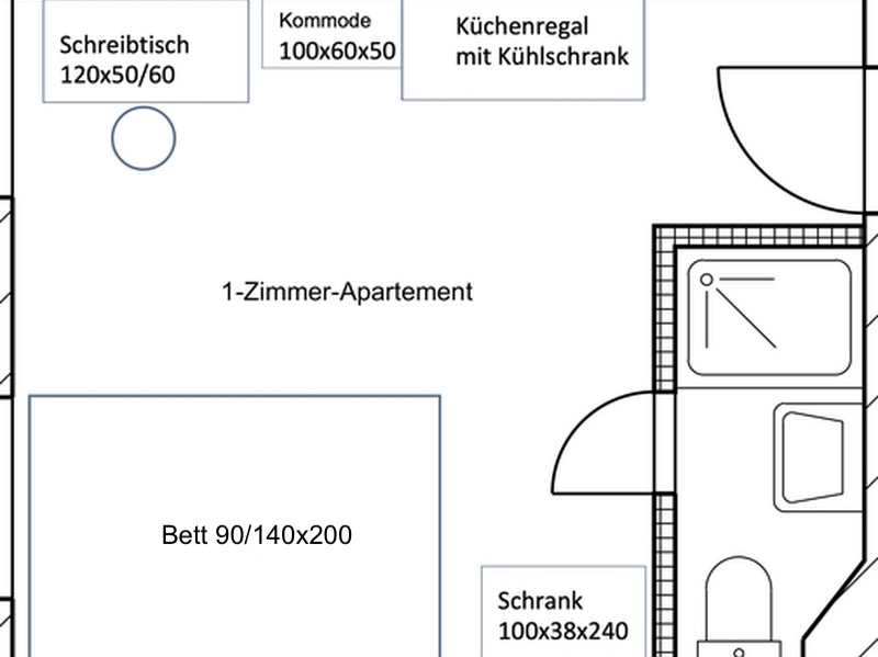 Grundriss Einzimmerappartement - 20-22m² mit eigenem Bad und Küchengestell/Küchenzugang